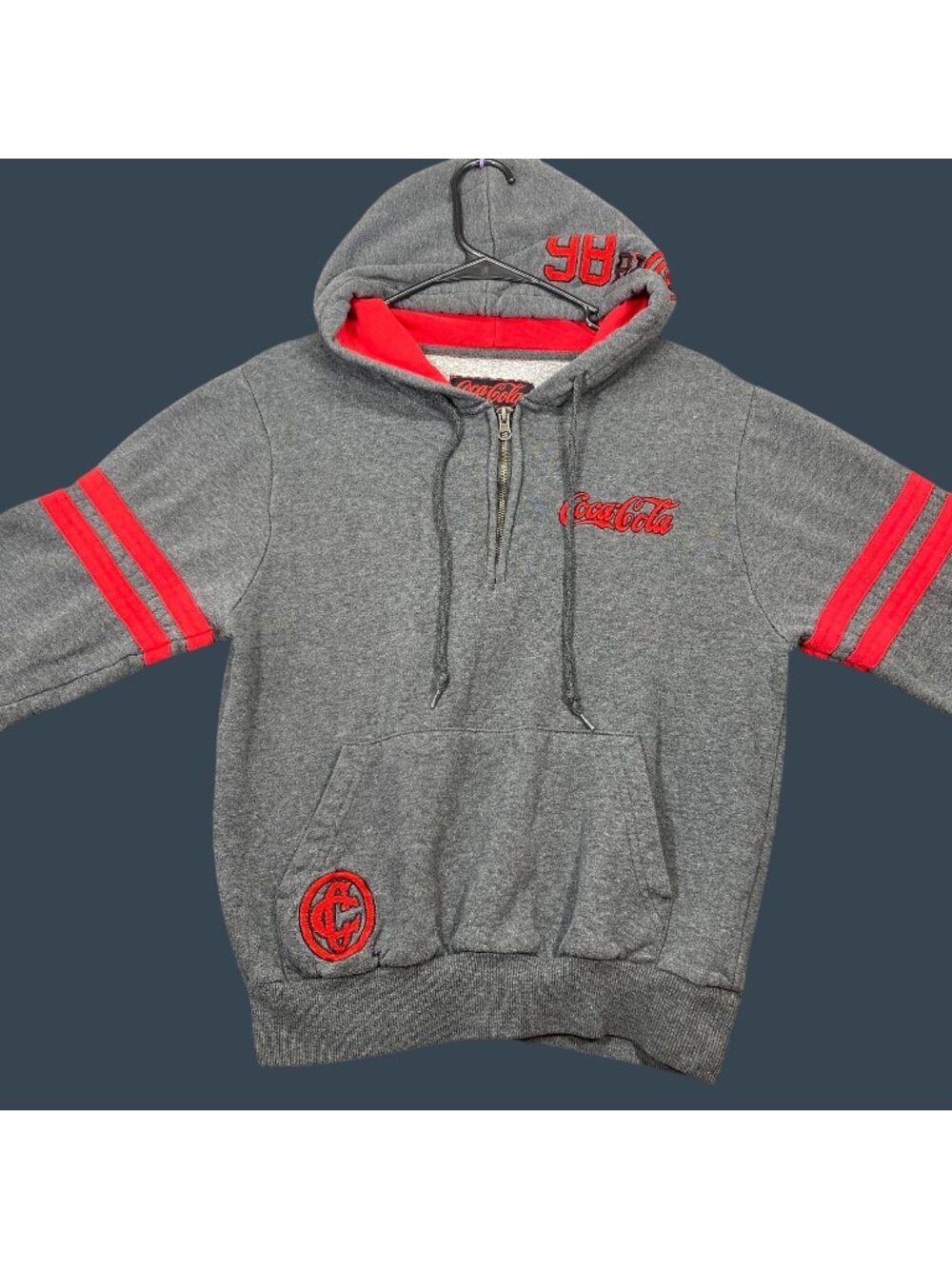 Coca-Cola Womens Gray & Red Embroidered Hoodie Sweatshirt Kangaroo Pocket Small